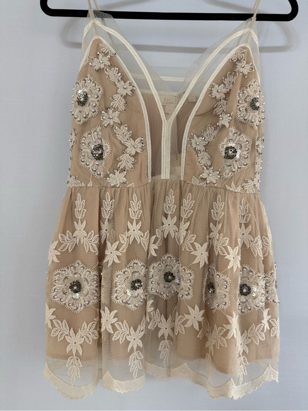 Anthropologie Beige Embroidered Tulle Tank Top